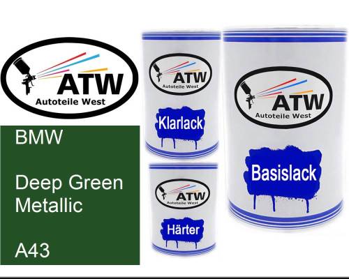BMW, Deep Green Metallic, A43: 500ml Lackdose + 500ml Klarlack + 250ml Härter - Set, von ATW Autoteile West.
